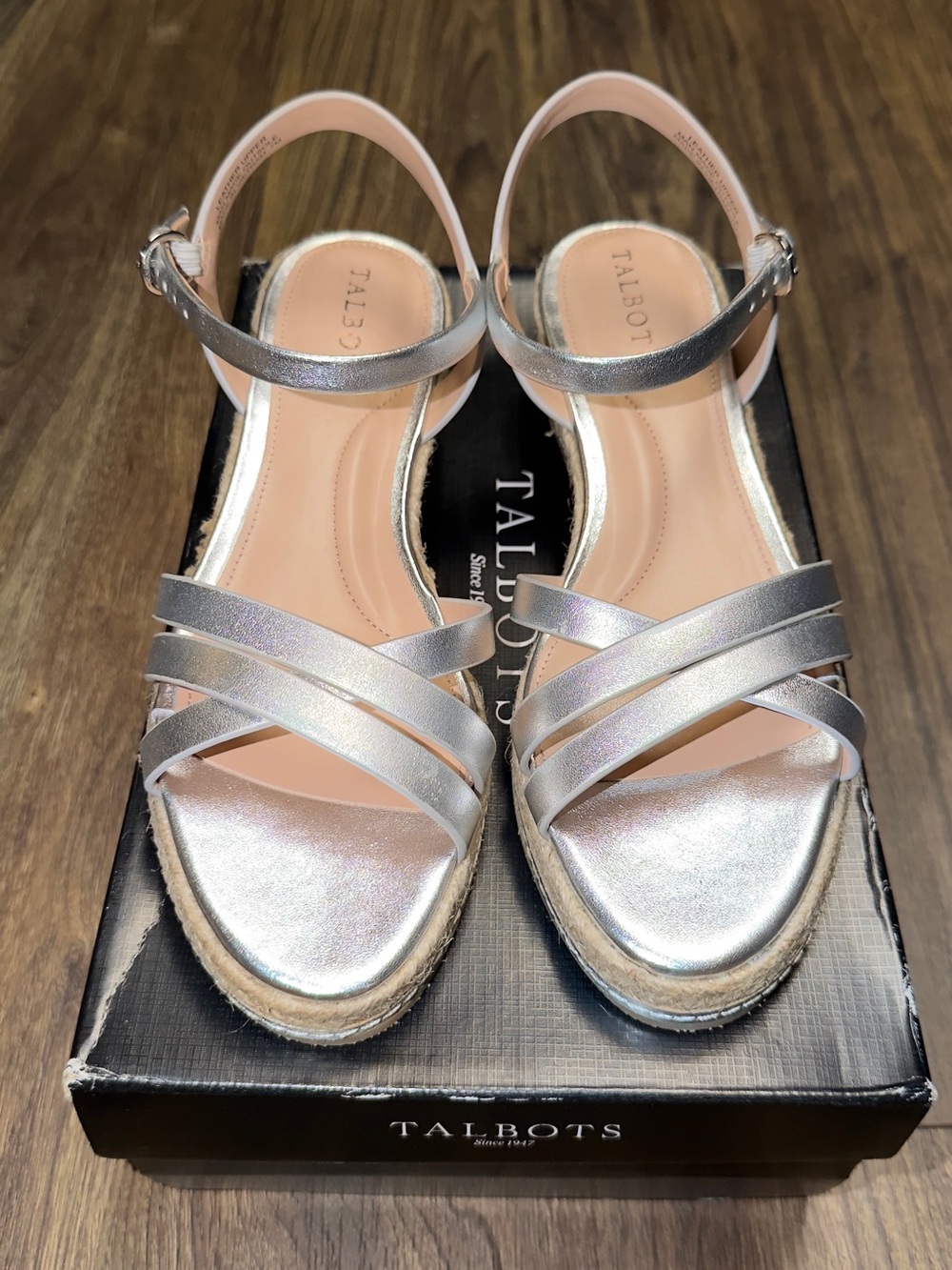 Talbots Silver Metallic Strappy Espadrille Wedge Sandals